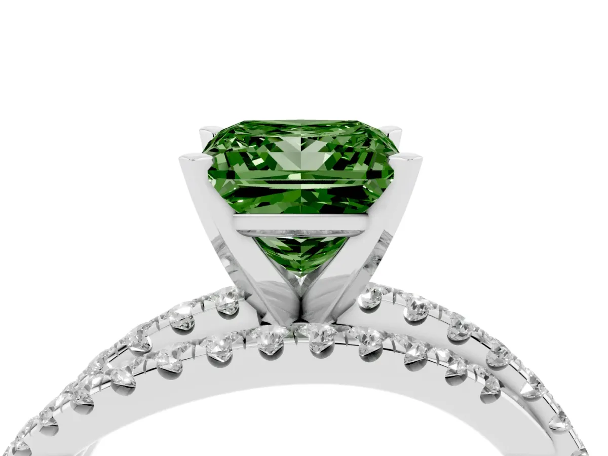 Fancy Green Princess Cut Solitaire Twist Band with Pavé Setting and Four-Prong Setting Silver