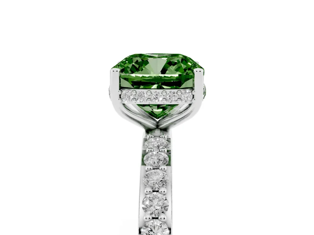 Fancy Green Cushion Cut Diamond Solitaire Ring with Pavé Band and Hidden Halo Platinum