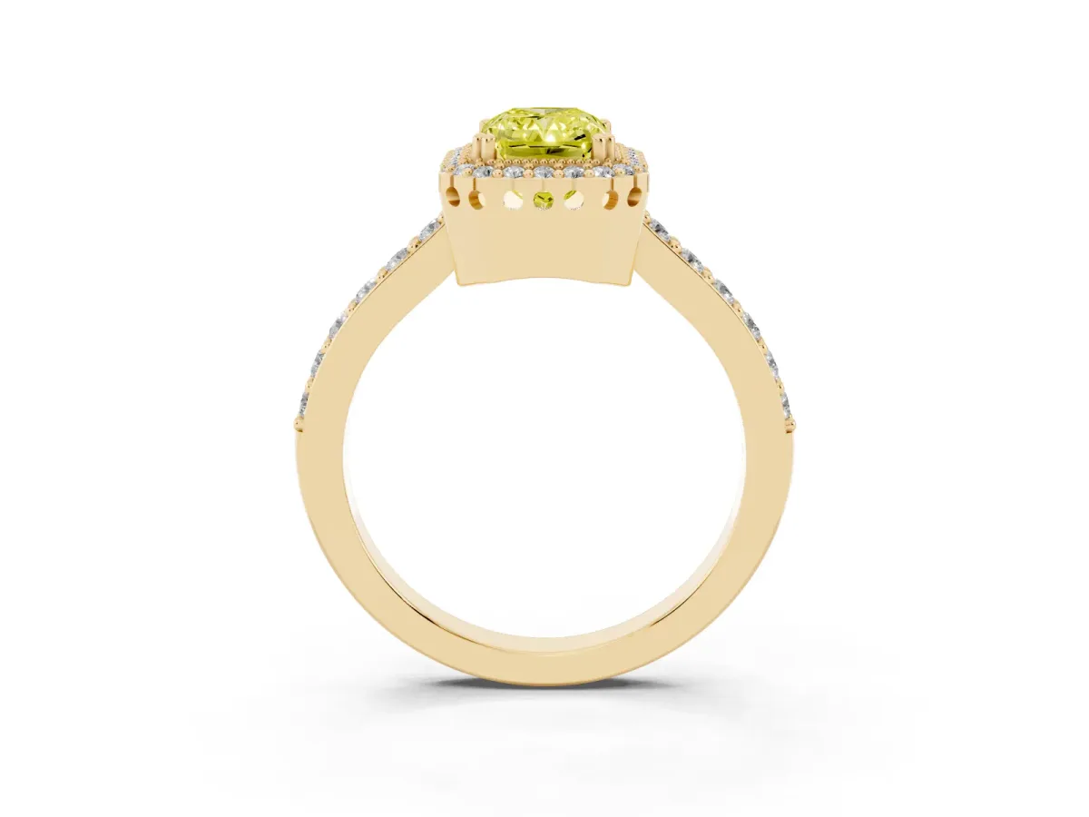 Fancy Yellow Radiant Cut Cut Diamond Halo Engagement Ring with Milgrain Detail and Pavé Band Yellow gold