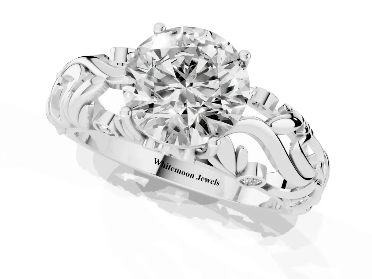 Round Cut Solitaire Diamond Leaf-Inspired Vine Band Ring with Prong Setting Platinum