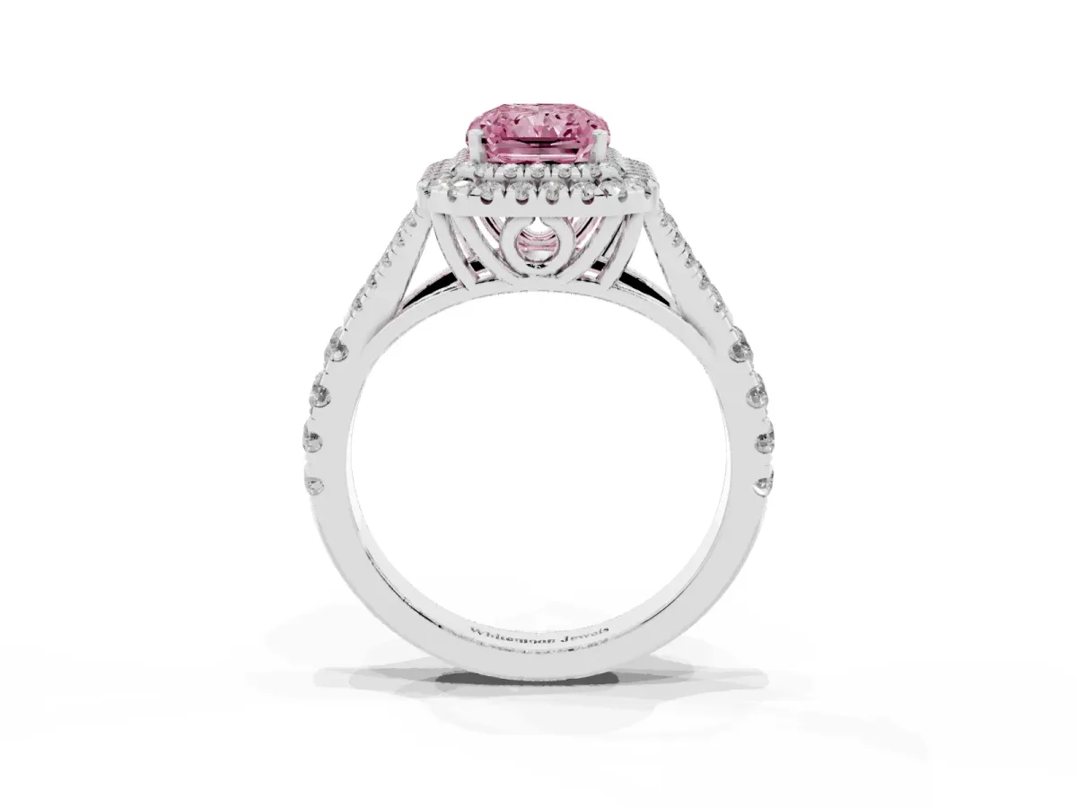 Fancy Pink Radiant Cut Diamond Pavé Split Shank Double Halo Engagement Ring Silver