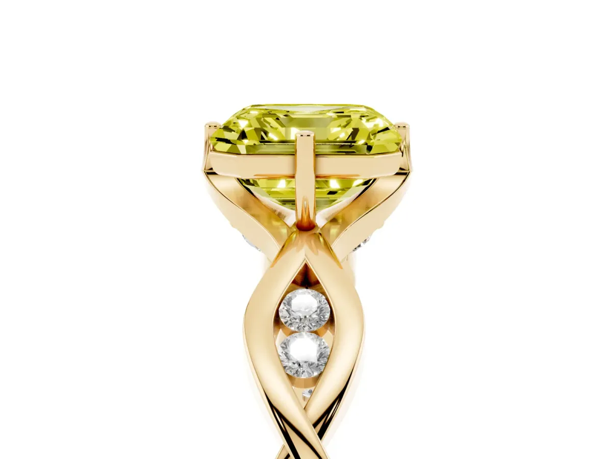 Fancy Yellow Asscher Cut Solitaire Twist Band with Leaf Prong Setting Yellow gold