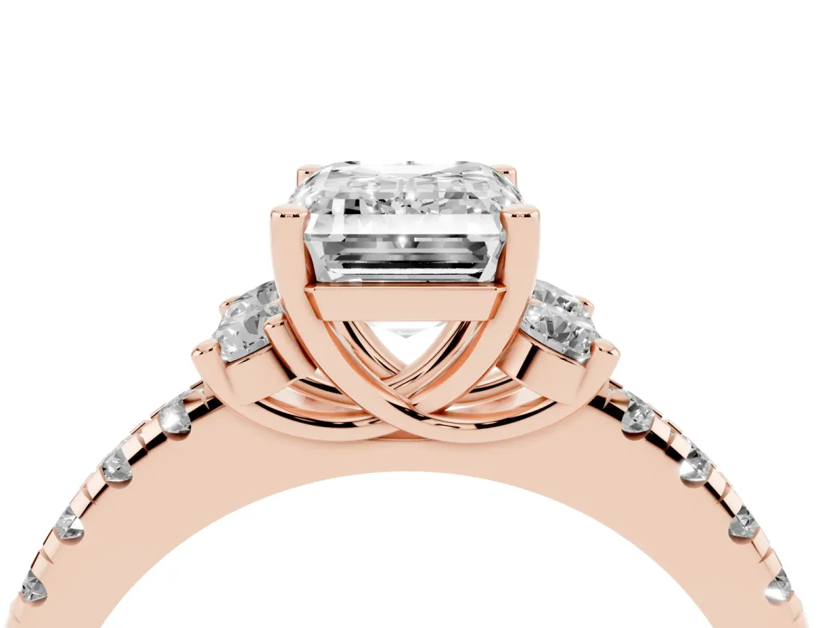 Emerald Cut Diamond Three-Stone Pave Band with Four-Prong Setting Rose gold