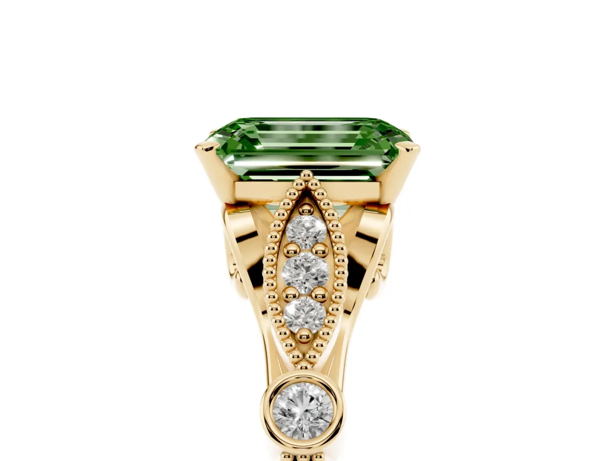 Fancy Green Emerald Cut Cut Diamond with Milgrain Marquise and Bezel Accents on a Solitaire Band with Prong Setting Yellow gold