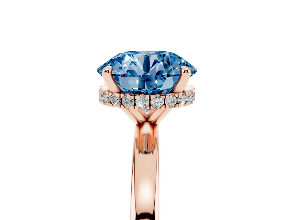 Fancy Blue Round Cut Solitaire Engagement Ring with Cathedral Band and Four-Prong Setting Rose gold