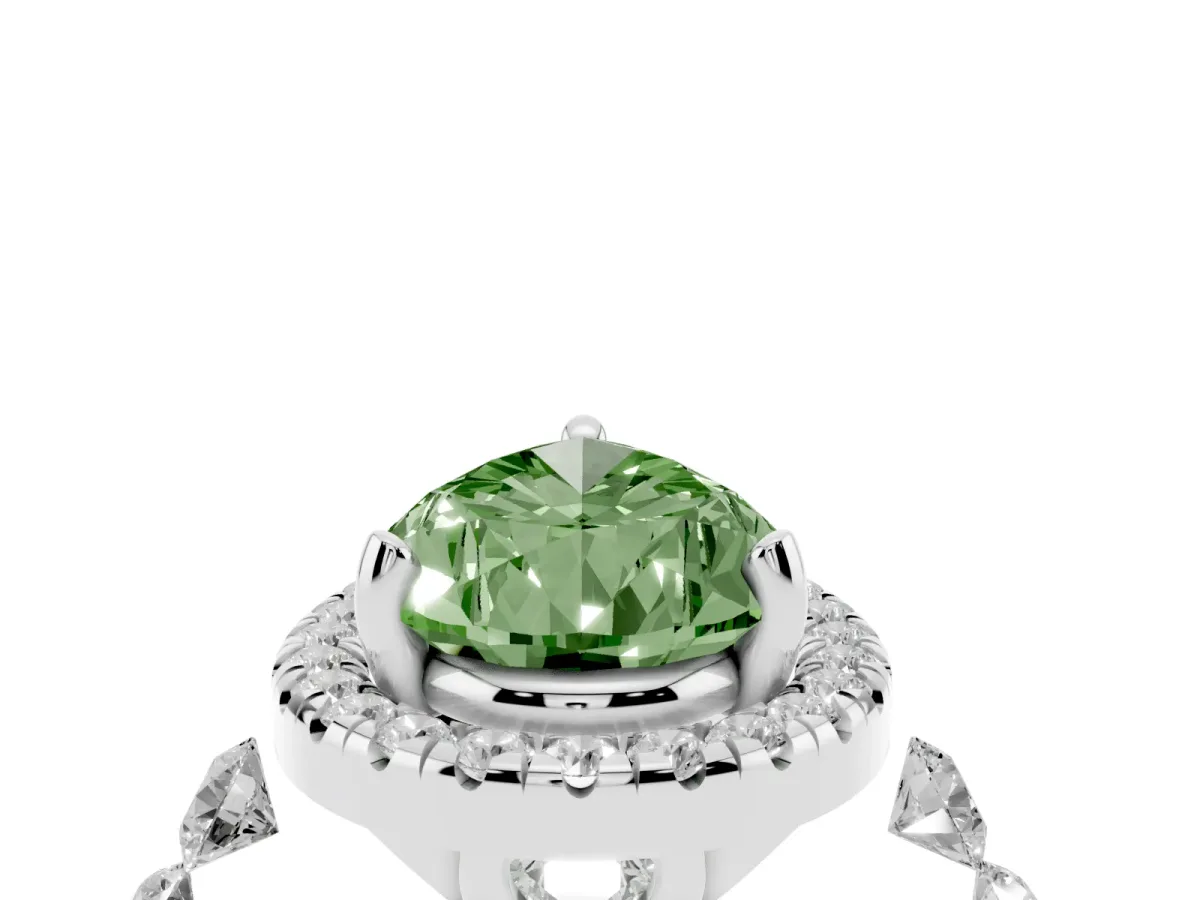 Fancy Green Pear Cut Halo Pavé Diamond Engagement Ring with Four-Prong Setting Platinum