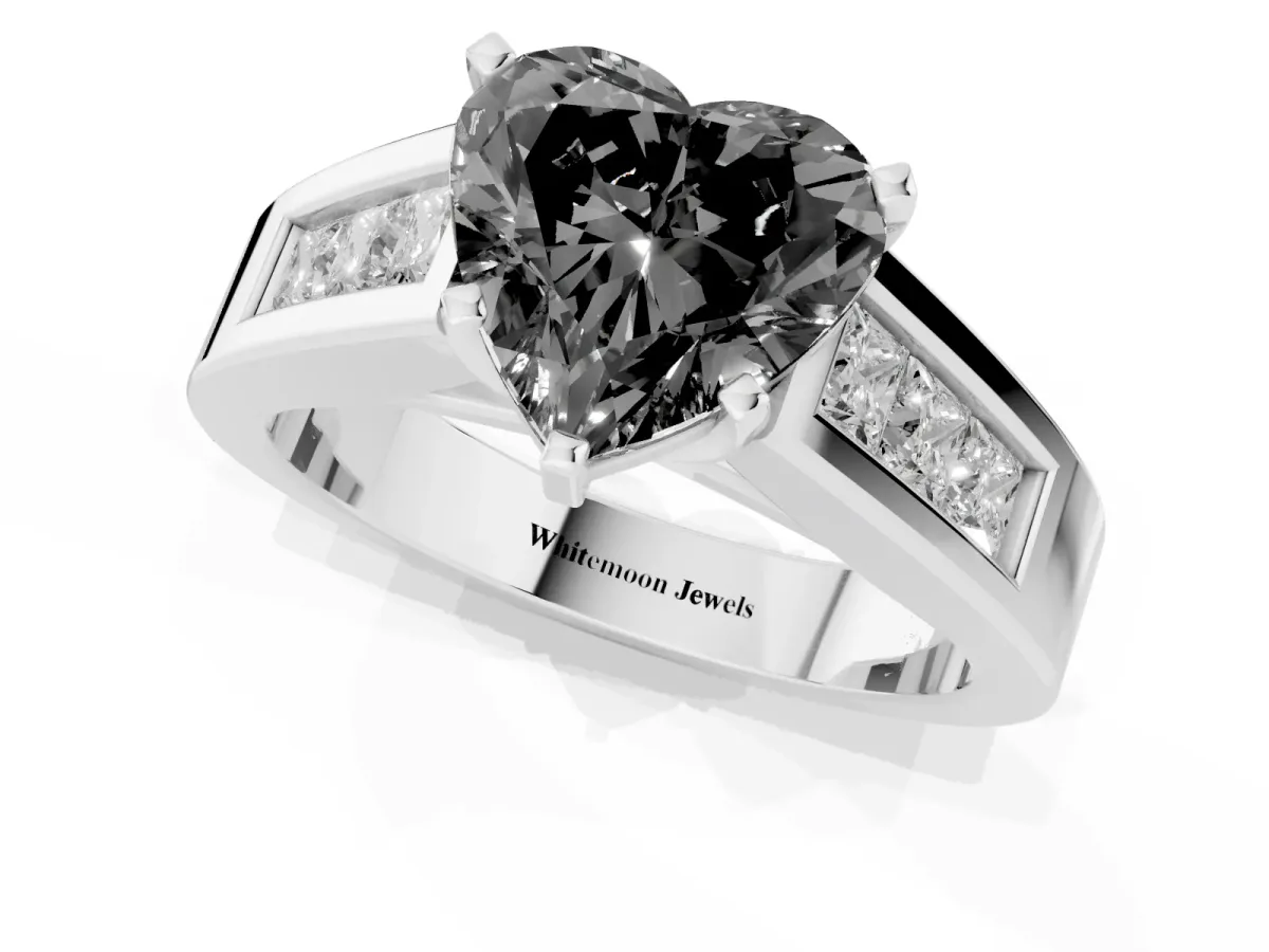 Fancy Black Heart Cut Cut Channel Set Solitaire Ring with Four-Prong Setting Silver