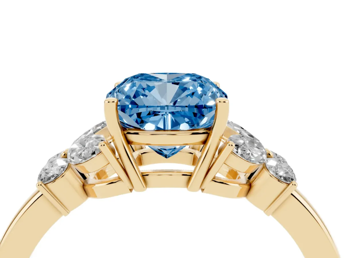 Fancy Blue Cushion Cut Cut Solitaire Floral Diamond Ring with Four-Prong Setting Yellow gold