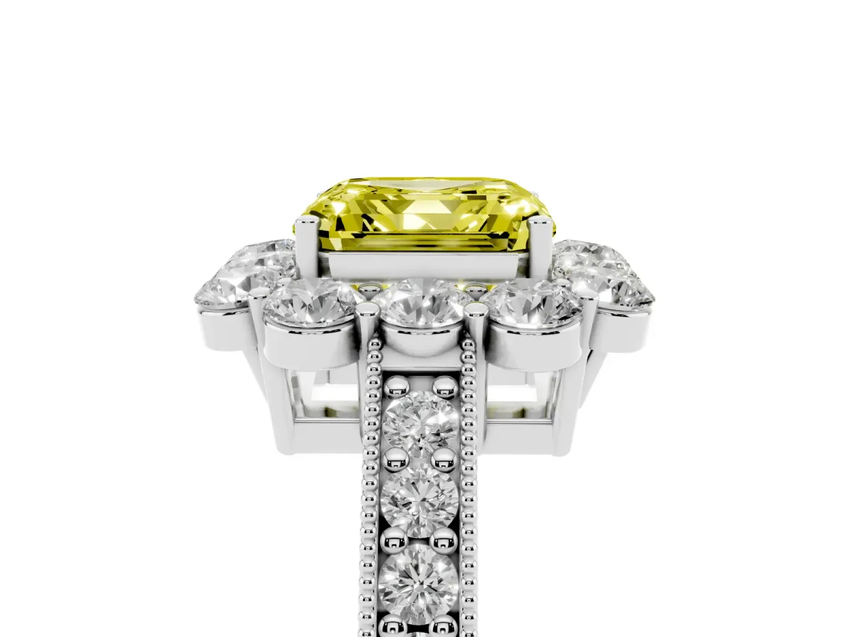 Fancy Yellow Asscher Cut Cut Halo Diamond Pavé Engagement Ring with Milgrain Detailing Platinum
