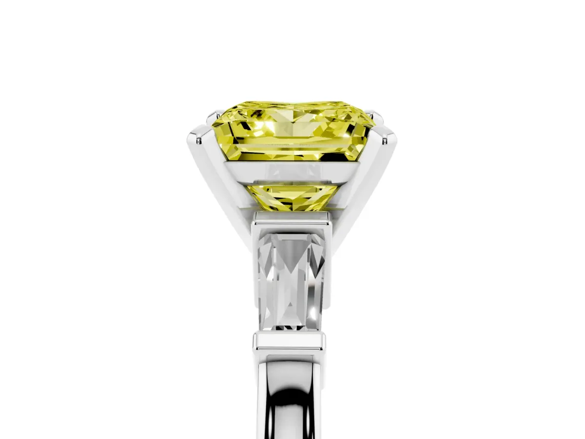 Fancy Yellow Princess Cut Cut Diamond Solitaire Ring with Tapered Baguette Accents and Four-Prong Setting Silver