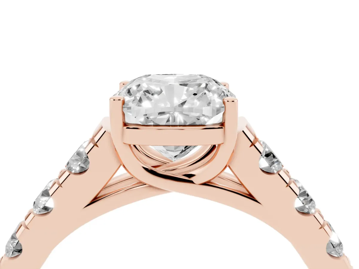 Cushion Cut Cut Diamond Solitaire Ring with Micro Pave Band and Prong Setting Rose gold