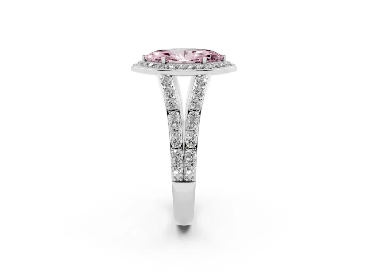 Fancy Pink Marquise Cut Diamond Split Shank Halo Ring with Four-Prong Setting Platinum