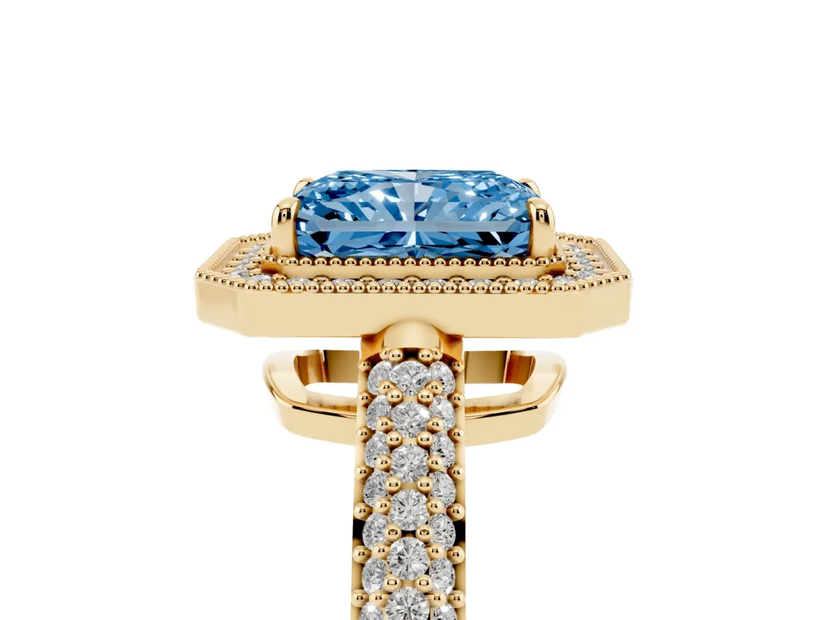 Fancy Blue Radiant Cut Cut Halo Diamond Pave Band with Four-Prong Setting Yellow gold