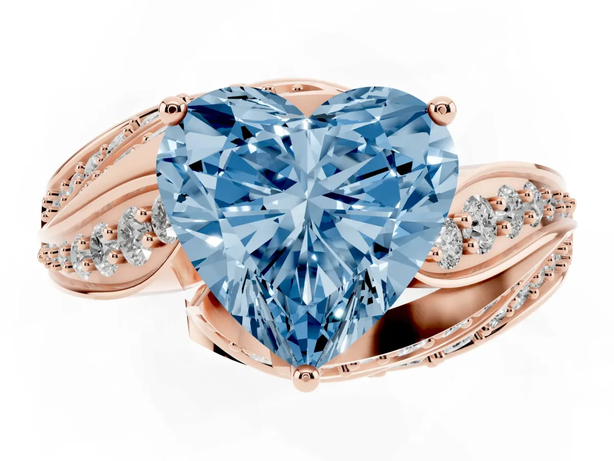 Fancy Blue Heart Cut Diamond Solitaire Ring with Prong Setting and Twisted Pavé Band Rose gold