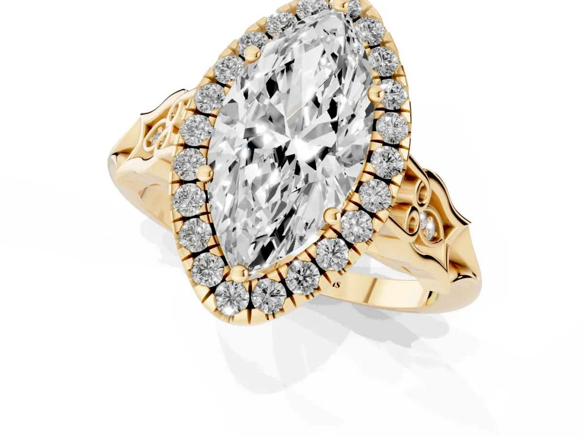 Marquise Cut Halo Diamond Engagement Ring with Filigree Band and Four-Prong Setting Yellow gold