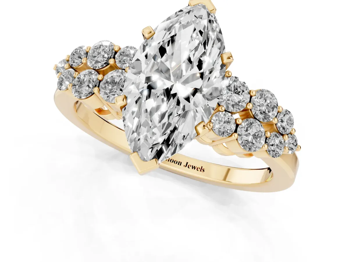 Marquise Cut Cluster Diamond Engagement Ring with Pavé Band and Four-Prong Setting Yellow gold