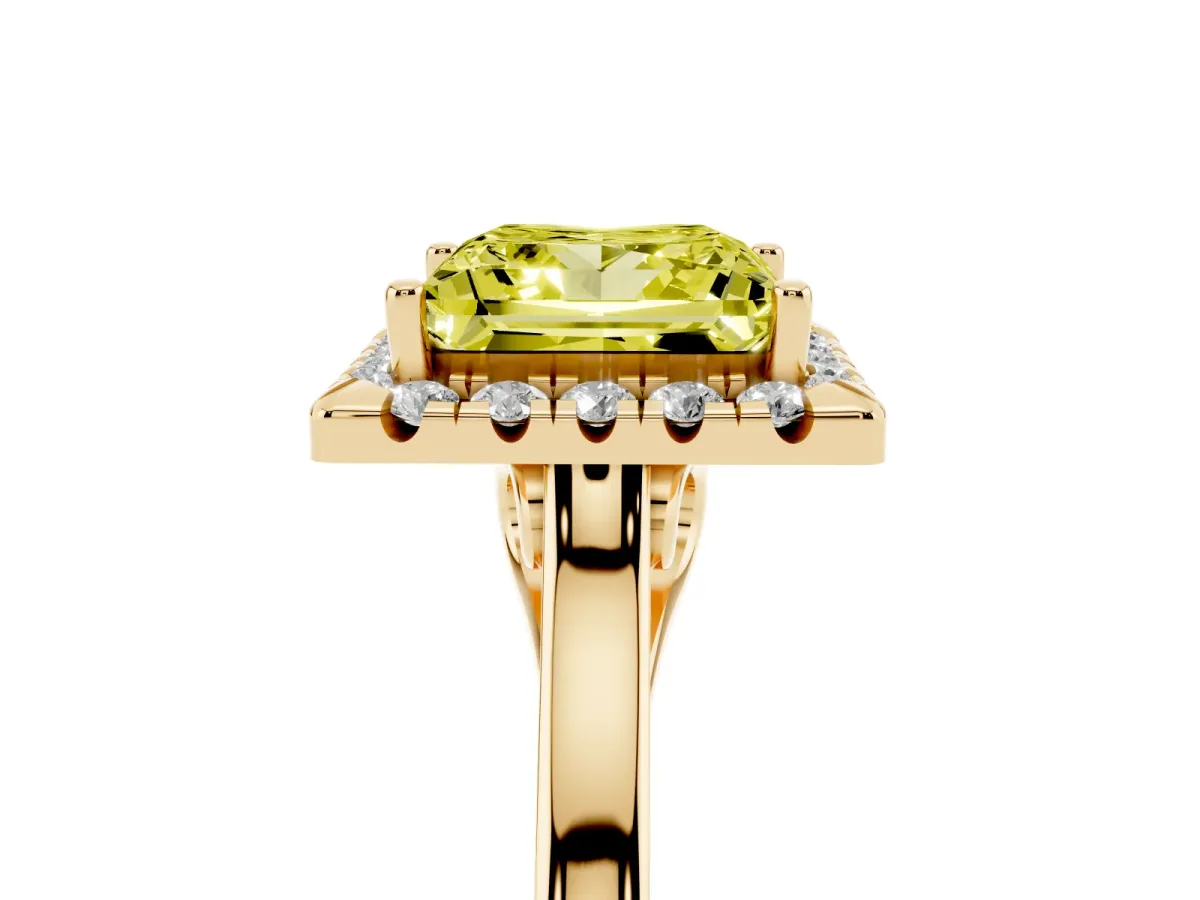 Fancy Yellow Princess Cut Halo Round Diamond Solitaire Ring with Pavé Band and Four-Prong Setting Yellow gold