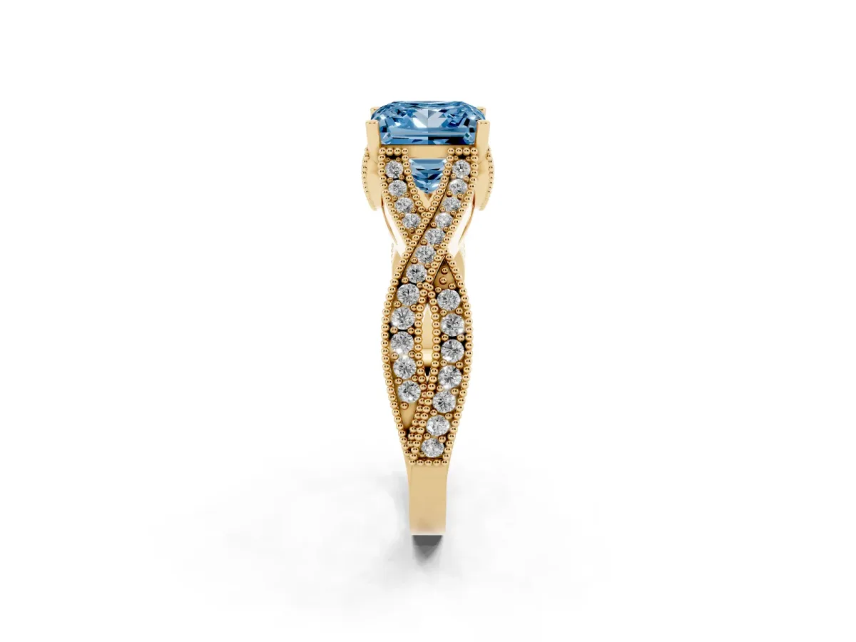 Fancy Blue Princess Cut Cut Diamond Twisted Band with Milgrain Pave Setting and Four-Prong Setting Yellow gold