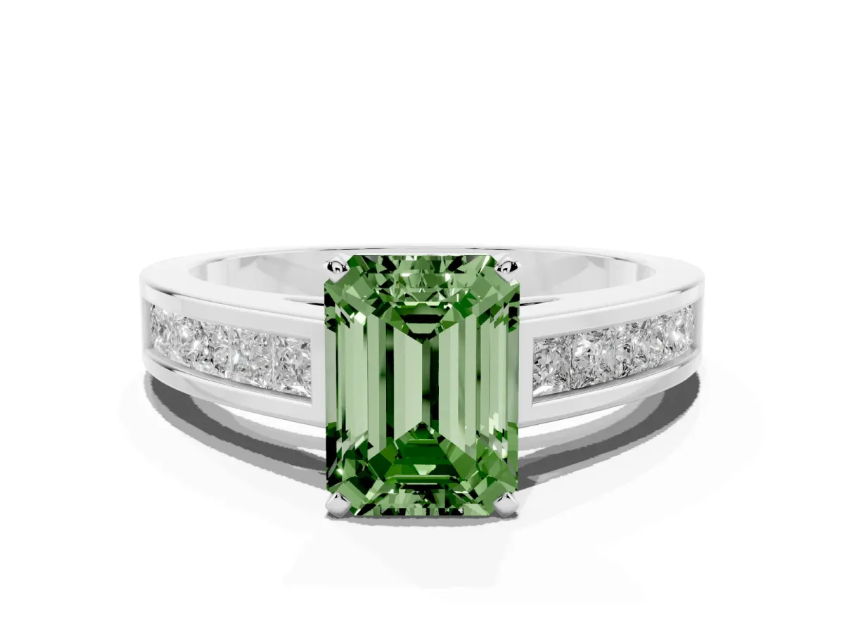 Fancy Green Emerald Cut Solitaire Diamond Ring with Channel-Set Band and Four-Prong Setting White gold