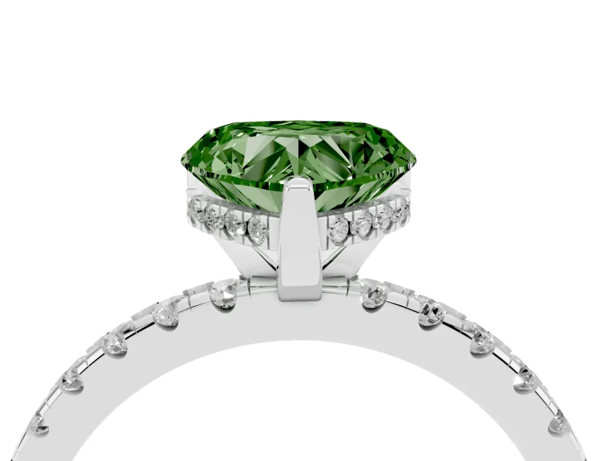 Fancy Green Heart Cut Diamond Solitaire Ring with Round Pavé Band and Four-Prong Setting Platinum