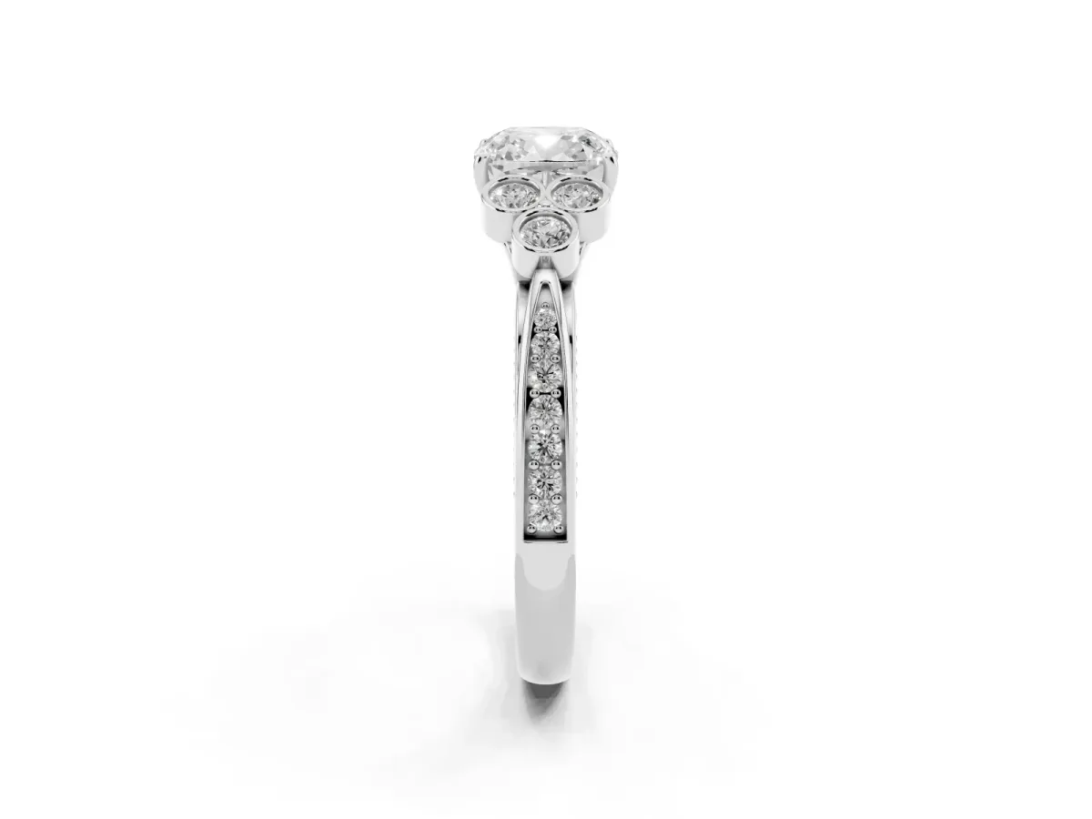 Cushion Cut Cut Diamond Engagement Ring with Bezel Set Round Side Stones and Prong Setting Platinum
