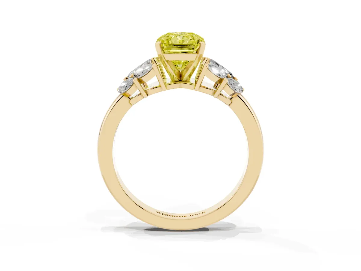Fancy Yellow Radiant Cut Diamond Cluster Leaf Design Ring with Prong Setting Yellow gold