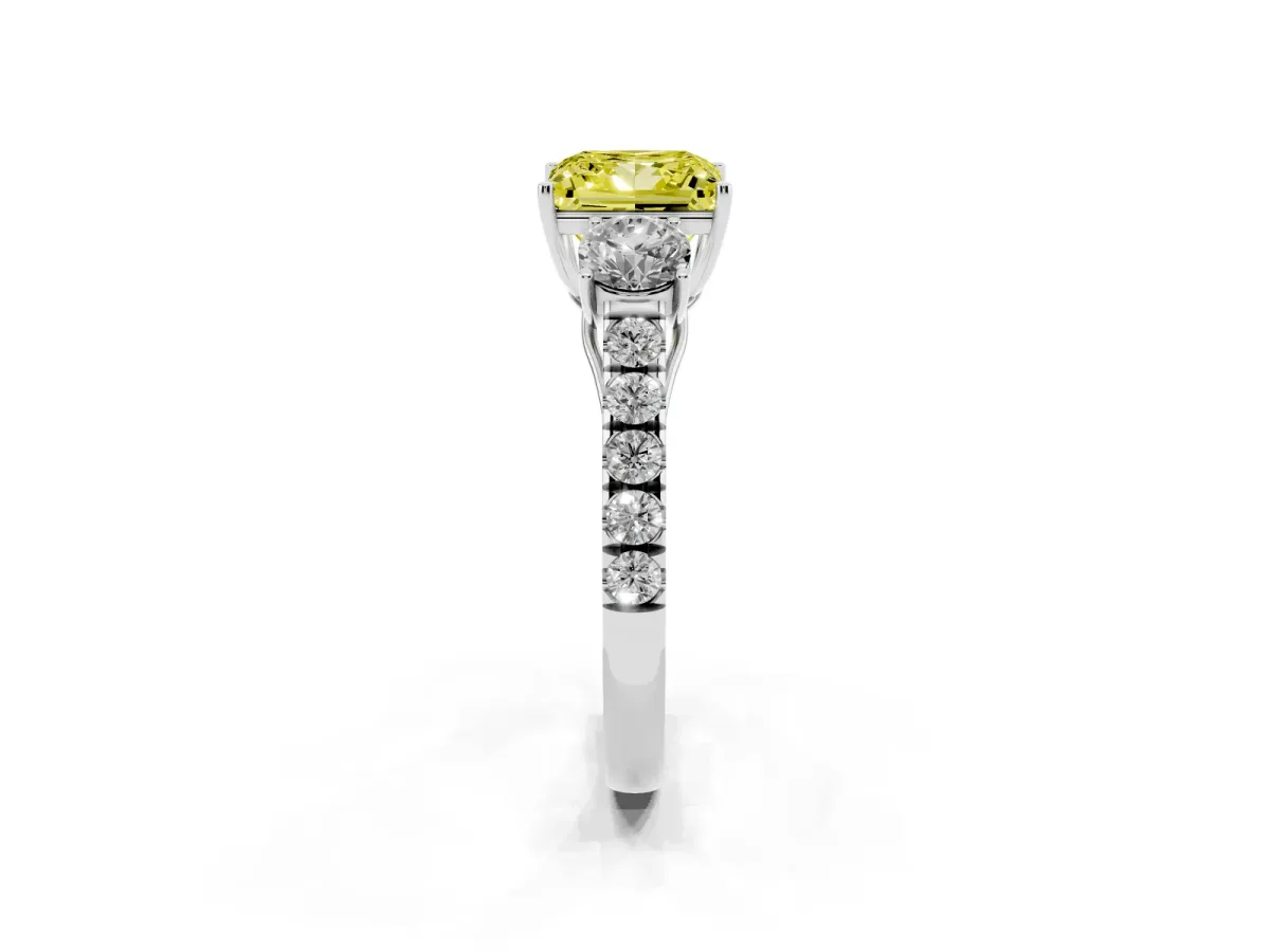 Fancy Yellow Princess Cut Cut Diamond Three-Stone Ring with Round Side Stones and Pavé Band Silver