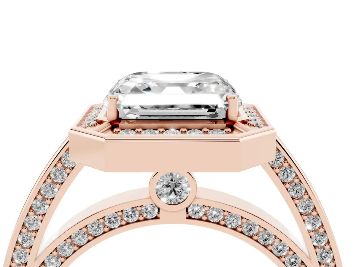 Asscher Cut Cut Halo Pave Split Shank Prong Setting Ring Rose gold