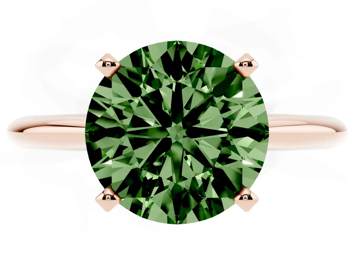 Fancy Green Round Cut Cut Solitaire Ring with Four-Prong Setting on a Classic Band Rose gold