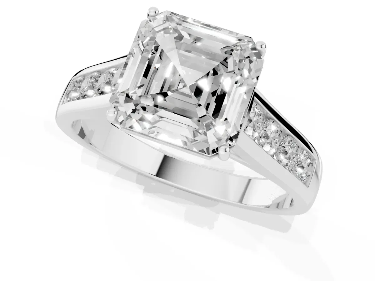 Asscher Cut Brilliant Channel-Set Solitaire Ring with Four-Prong Setting Silver