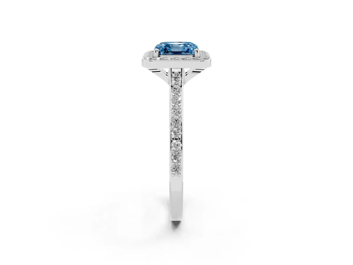 Fancy Blue Asscher Cut Diamond Halo Engagement Ring with Round Pavé Shoulders and Prong Setting Platinum
