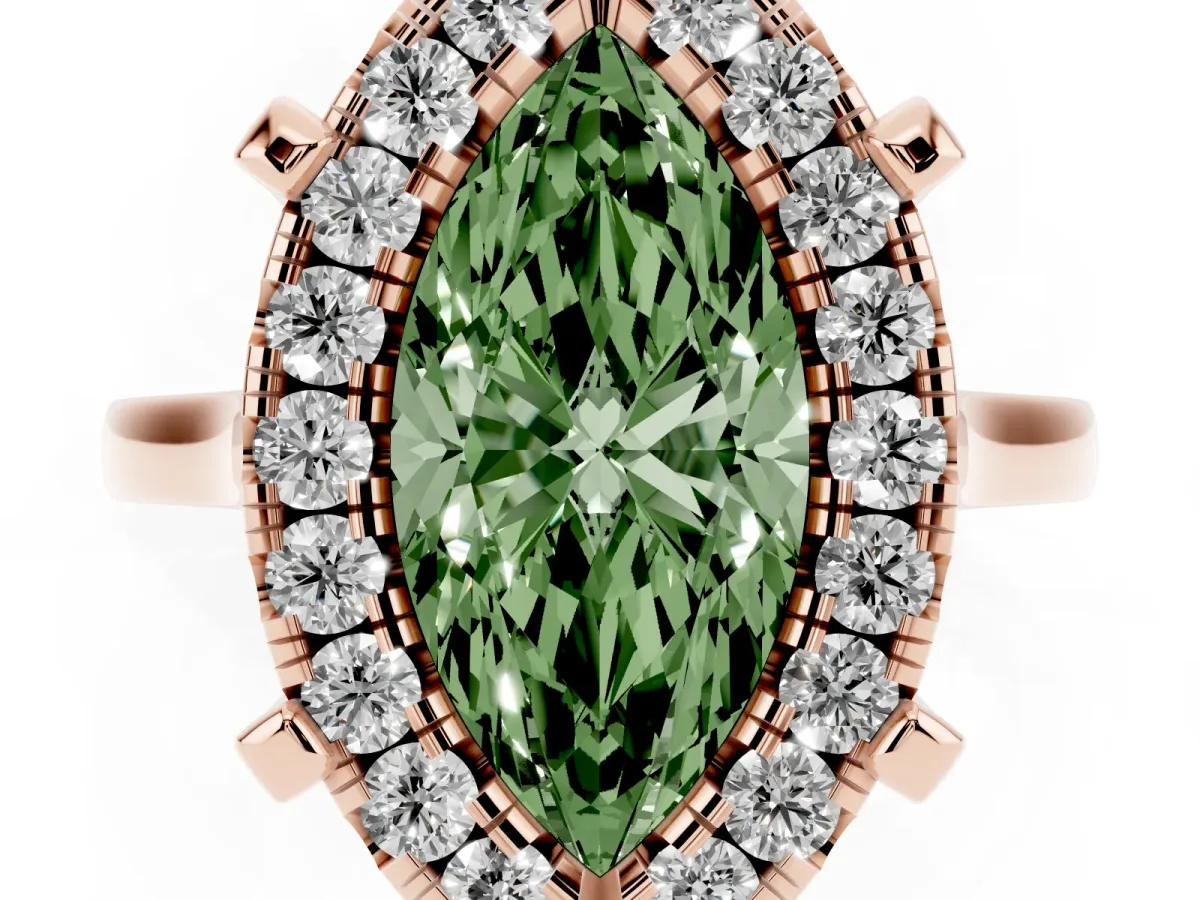 Fancy Green Marquise Cut Diamond Cluster Halo Solitaire with Four-Prong Setting Rose gold