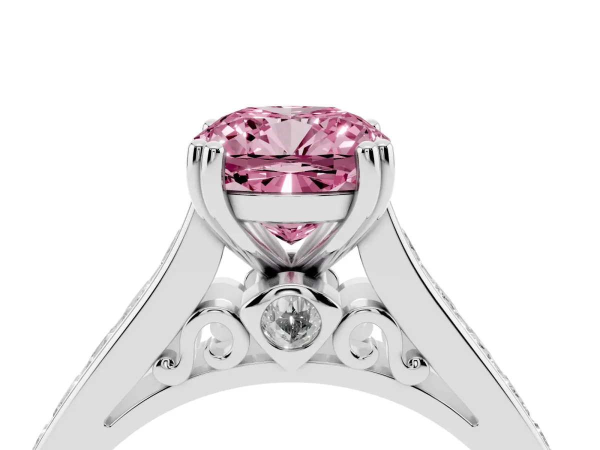 Fancy Pink Cushion Cut Cut Channel Set Solitaire Engagement Ring with Prong Setting Silver