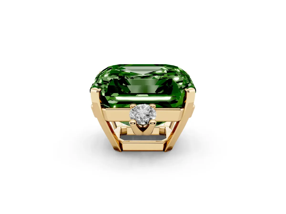 Fancy Green Asscher Cut Cut Three-Stone Solitaire Ring with Round Accent Diamonds and Four-Prong Setting Yellow gold