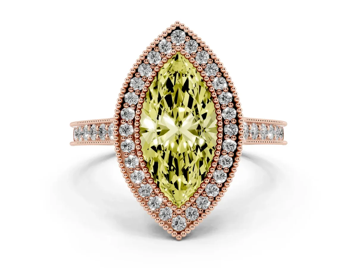 Fancy Yellow Halo Marquise Cut-Cut Diamond Pave Band Milgrain Prong Setting Ring Rose gold