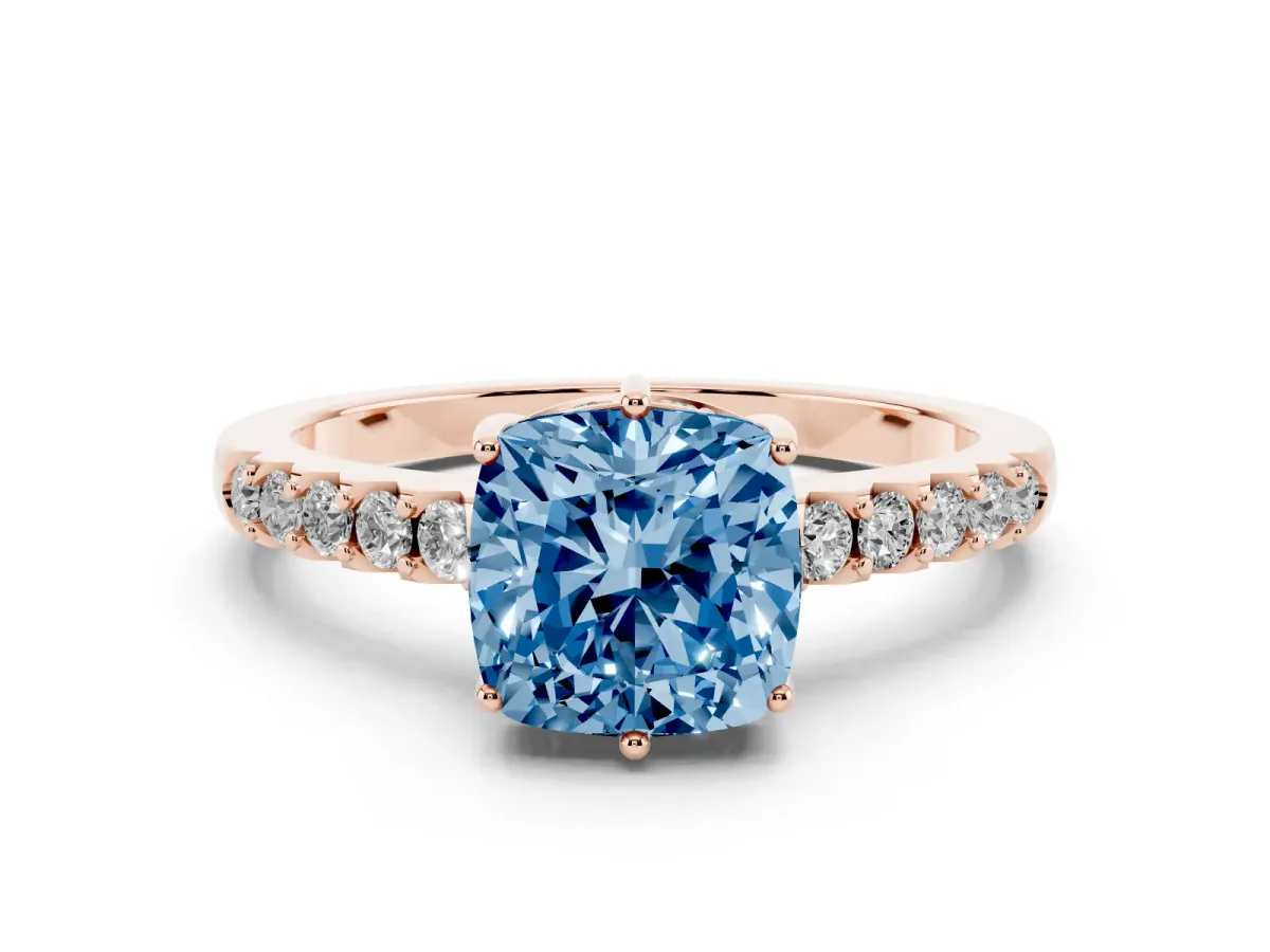 Fancy Blue Cushion Cut Solitaire Diamond Engagement Ring with Pavé Band and Six-Prong Setting Rose gold