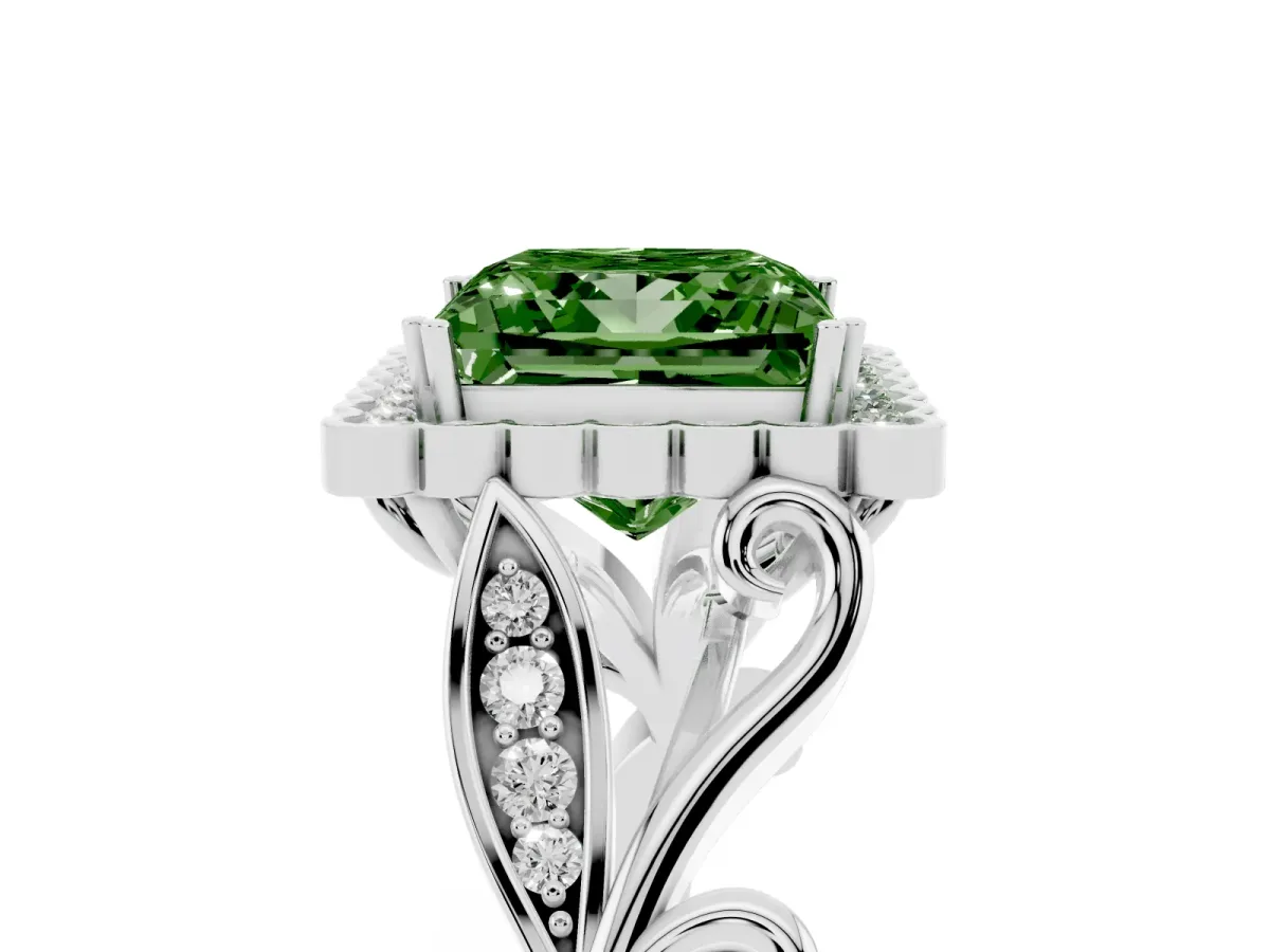 Fancy Green Princess Cut Diamond Halo Ring with Vintage Split Shank and Four-Prong Setting Platinum