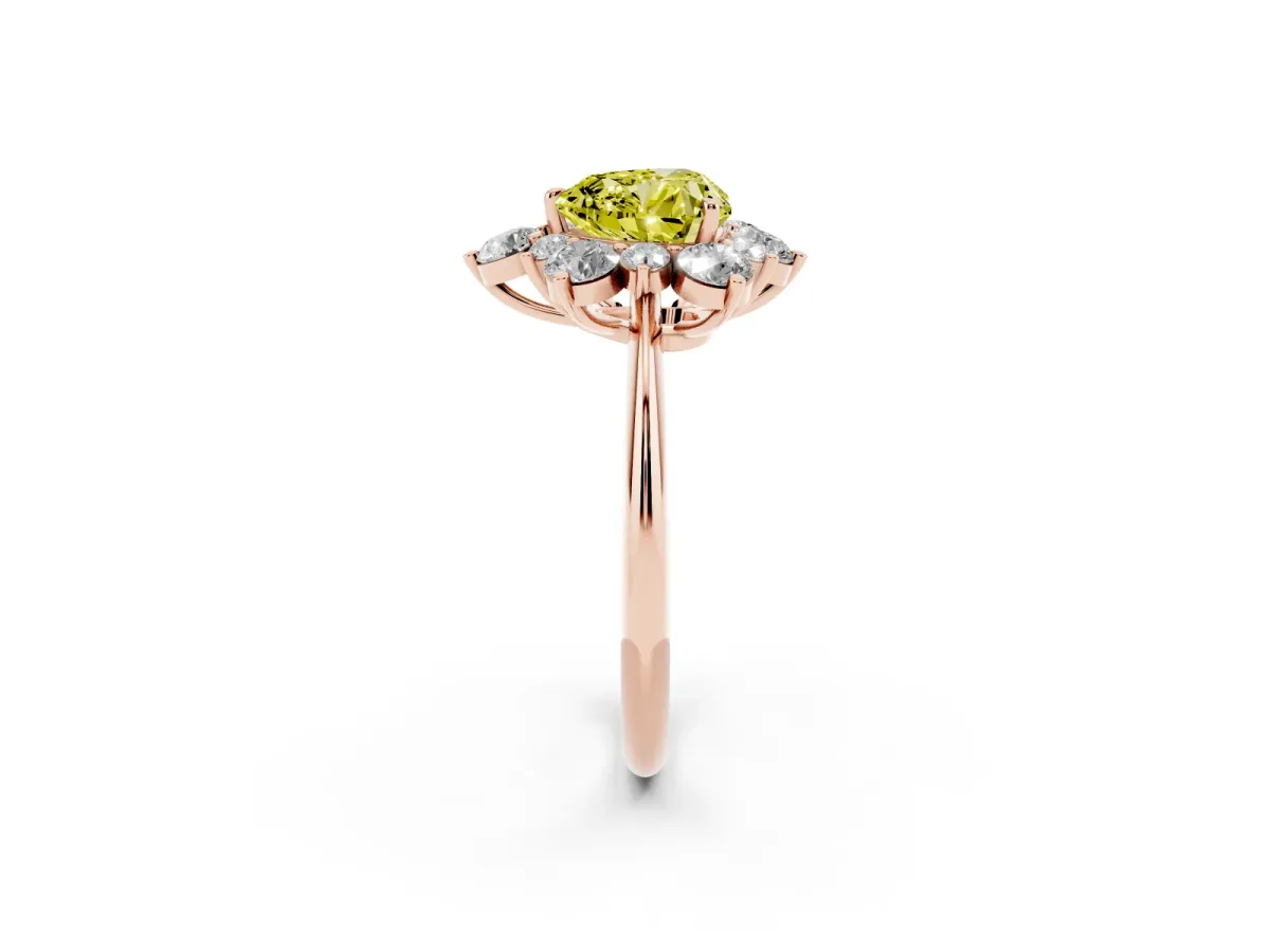 Fancy Yellow Heart Cut Diamond Cluster Halo Ring with Solitaire Band and Four-Prong Setting Rose gold
