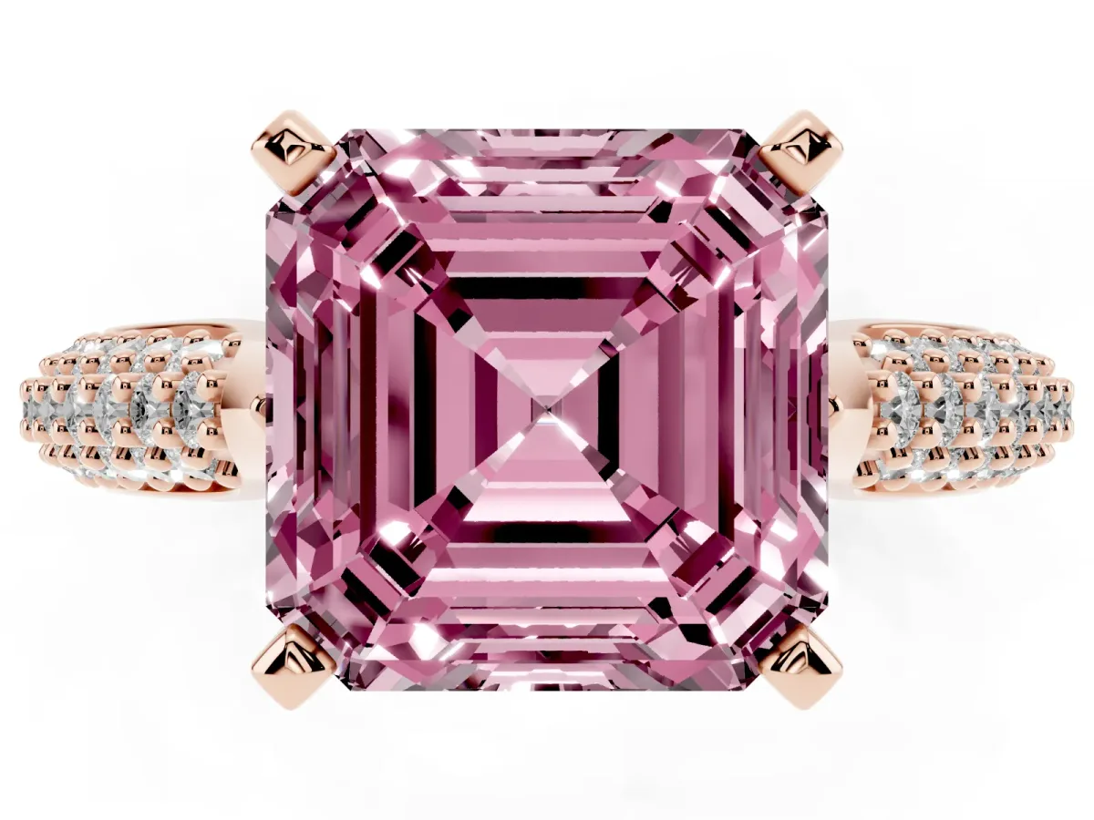 Fancy Pink Asscher Cut Diamond Solitaire Engagement Ring with Multi-Row Round Pavé Band and Prong Setting Rose gold