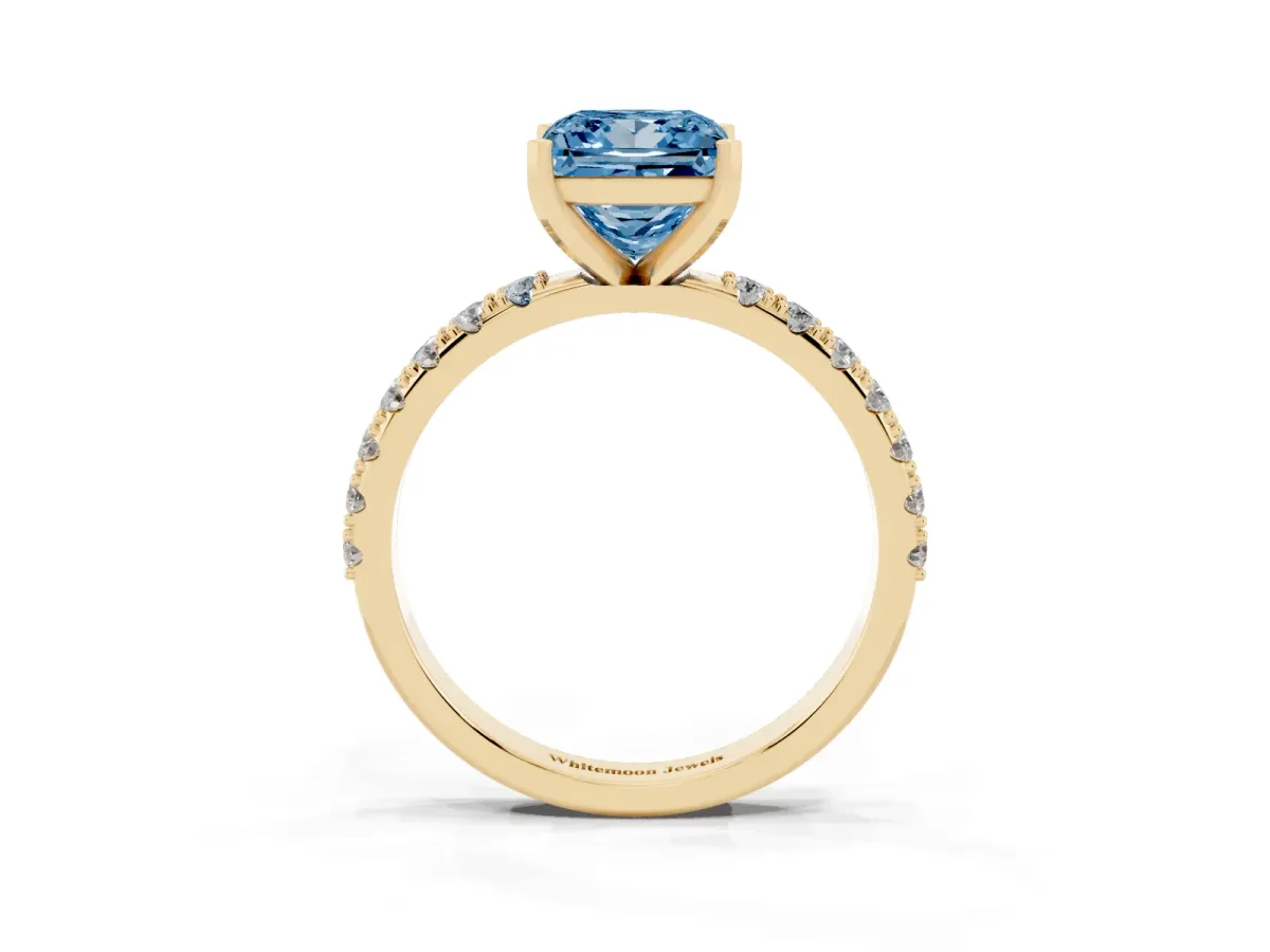 Fancy Blue Princess Cut Diamond Solitaire Pavé Band with Four-Prong Setting Yellow gold