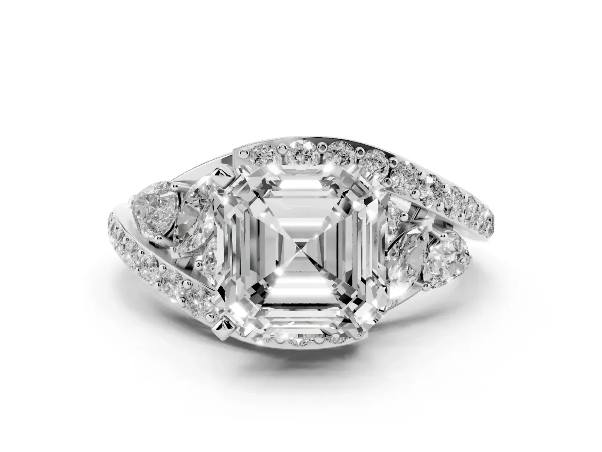 Asscher Cut Diamond Halo Ring with Marquise and Pavé Band in Prong Setting Platinum