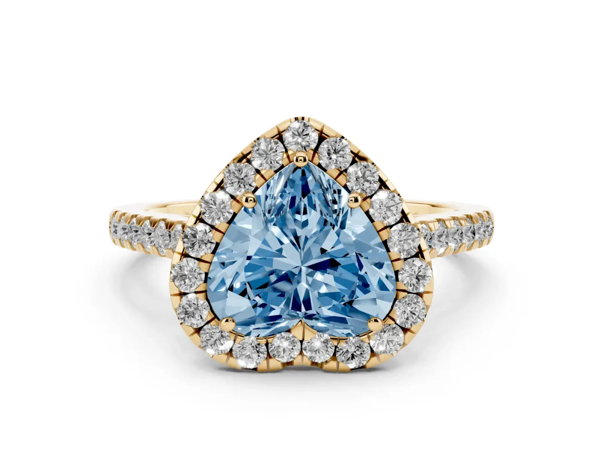 Fancy Blue Heart Cut Halo Pave Diamond Engagement Ring with Four-Prong Setting Yellow gold