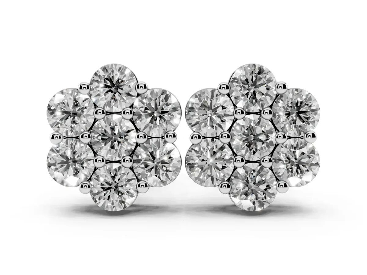 Cluster Round Diamond Stud Earrings with Prong Setting Silver