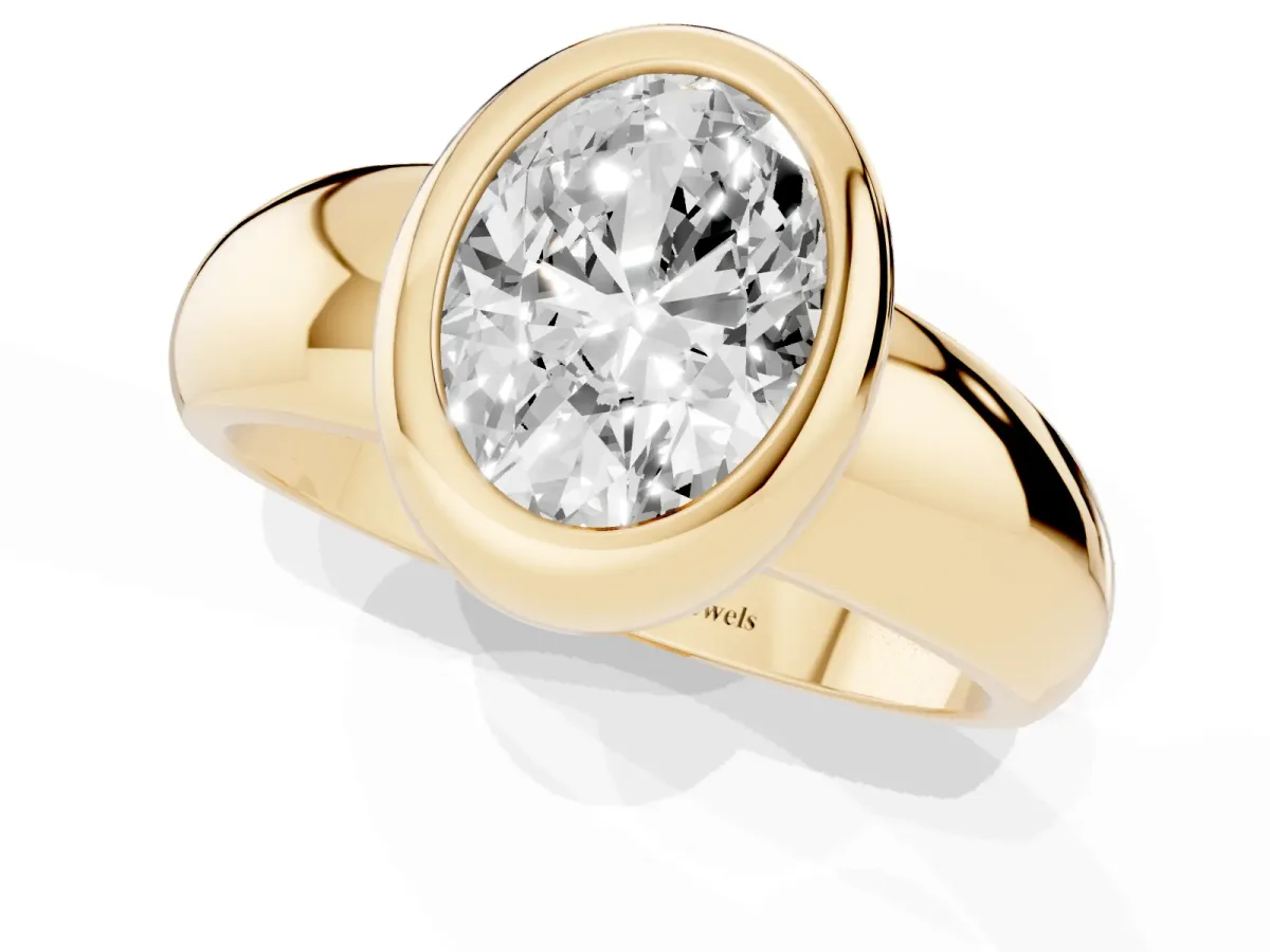 Bezel Set Oval Cut Solitaire Ring with Wide Band Yellow gold