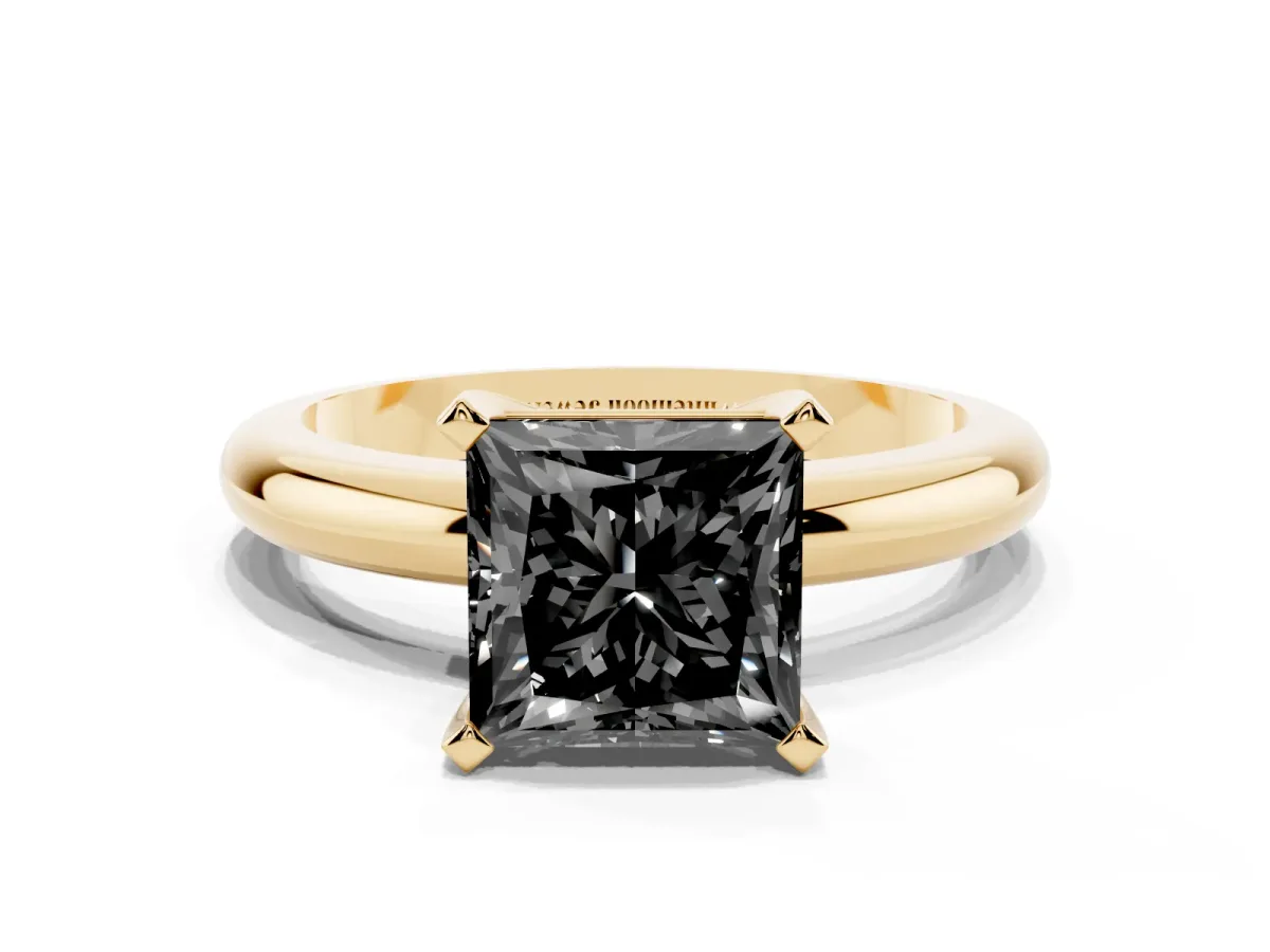 Fancy Black Princess Cut Diamond Solitaire Engagement Ring with Round Band and Four-Prong Setting Yellow gold