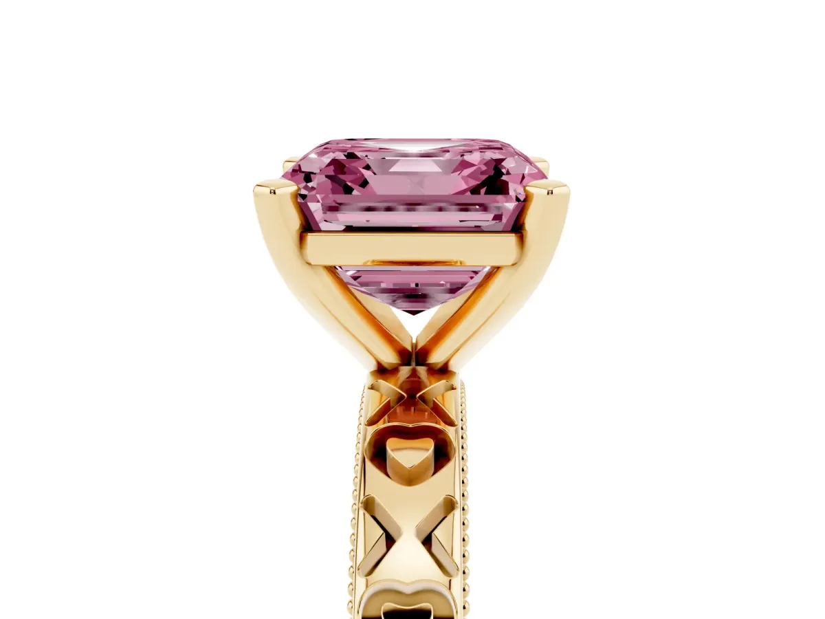 Fancy Pink Asscher Cut Solitaire Diamond Engagement Ring with XO Engraved Band and Four-Prong Setting Yellow gold