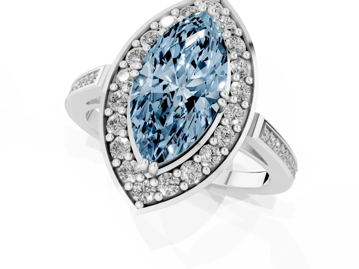 Fancy Blue Marquise Cut Diamond Halo Ring with Split Shank and Four-Prong Setting Platinum