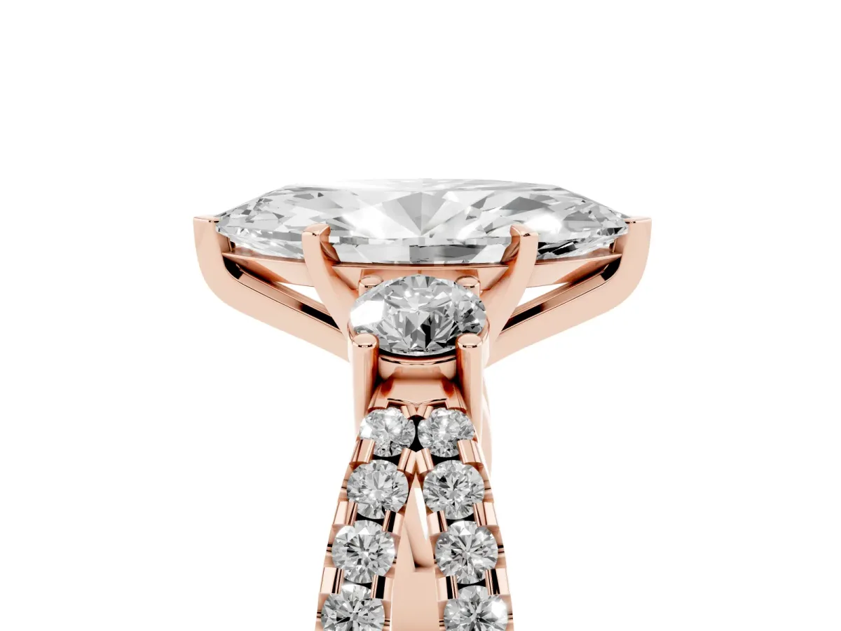 Marquise Cut Diamond Three-Stone Ring with Pavé Split Shank and Four-Prong Setting Rose gold