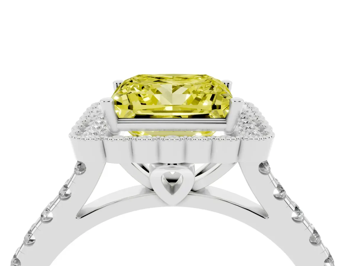 Fancy Yellow Princess Cut Cut Diamond Milgrain Floral Halo Engagement Ring with Pavé Band White gold