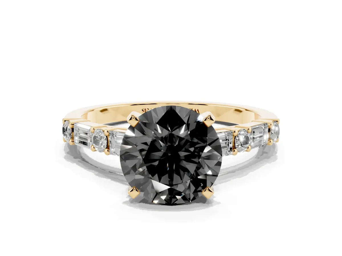 Fancy Black Round Cut Diamond Solitaire with Side Baguettes and Channel Set Band Yellow gold